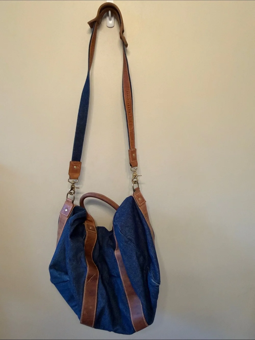 Armani Jeans Blue Denim Duffel with Brown Leather Trim